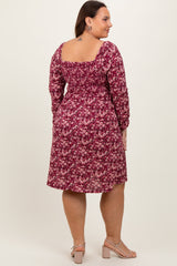 Burgundy Floral Ruched Long Sleeve Plus Dress