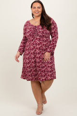 Burgundy Floral Ruched Long Sleeve Plus Dress