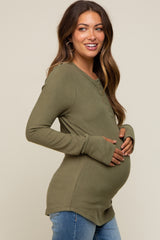 Olive Button Front Soft Knit Long Sleeve Henley Maternity Top