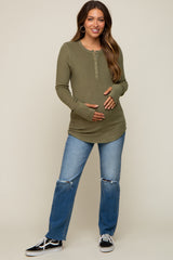 Olive Button Front Soft Knit Long Sleeve Henley Maternity Top