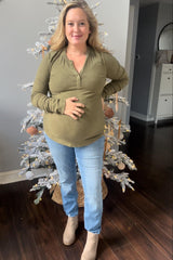 Olive Button Front Soft Knit Long Sleeve Henley Maternity Top