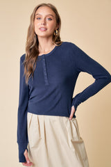 Navy Button Front Soft Knit Long Sleeve Henley Top