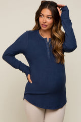 Navy Button Front Soft Knit Long Sleeve Henley Maternity Top