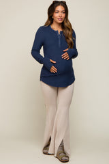 Navy Button Front Soft Knit Long Sleeve Henley Maternity Top