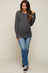 Charcoal Button Front Soft Knit Long Sleeve Henley Maternity Top