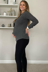 Charcoal Button Front Soft Knit Long Sleeve Henley Maternity Top