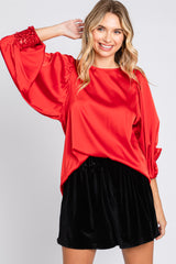 Red Satin Satin Sequin Cuff Blouse