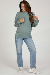 Light Olive Ribbed Hooded Maternity Top