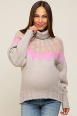 Beige Turtleneck Fair Isle Maternity Sweater