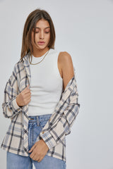 Cream Flannel Plaid Button Up Maternity Top