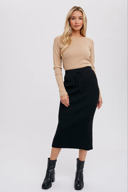 Black Rib Knit Midi Skirt