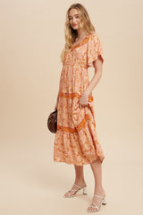 Rust Border Print Tiered Midi Dress