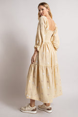 Beige Gauze Embroidery Smocking Tiered Gradient  Dress