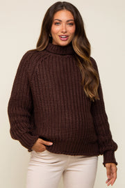 Brown Chunky Knit Mock Neck Maternity Sweater