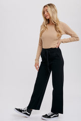 Black Front Seam Sweater Knit Drawstring Pants