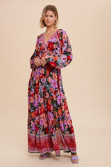 Black Floral Long Sleeve Tiered Maxi Dress