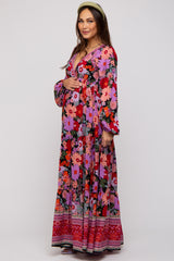 Black Floral Long Sleeve Tiered Maternity Maxi Dress