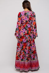 Black Floral Long Sleeve Tiered Maternity Maxi Dress