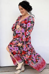 Black Floral Long Sleeve Tiered Maternity Maxi Dress