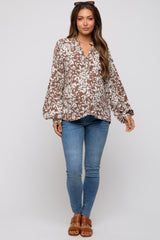 Mocha Leaf Print Button Up Maternity Top