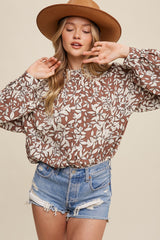 Mocha Leaf Print Button Up Top