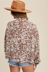 Mocha Leaf Print Button Up Top