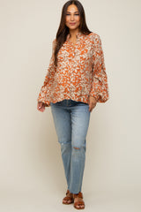 Orange Leaf Print Button Up Maternity Top