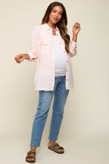 Peach Collared Button Front Raw Hem Maternity Top