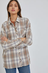 Taupe Flannel Plaid Button Up Top