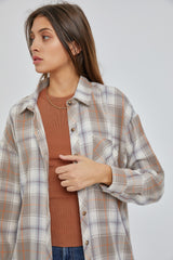 Taupe Flannel Plaid Button Up Top