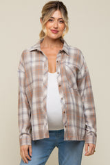 Taupe Flannel Plaid Button Up Maternity Top