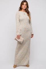 Cream Floral Long Sleeve Open Back Maternity Maxi Dress