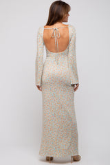 Cream Floral Long Sleeve Open Back Maxi Dress