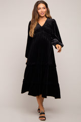 Black Velvet Smocked Maternity Midi Dress