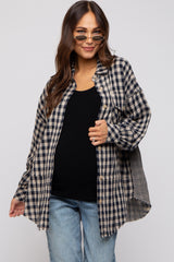 Navy Mixed Plaid Fringe Maternity Button Down Top