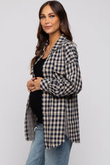 Navy Mixed Plaid Fringe Maternity Button Down Top