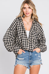 Navy Mixed Plaid Fringe Button Down Top