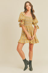 Gold Plaid Plaid Smocked Mini Dress