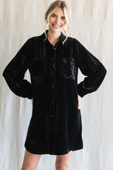 Black Velour Button Up Dress