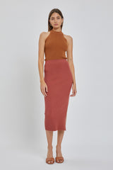 Mauve Ribbed Fitted Side Slit Maternity Midi Skirt