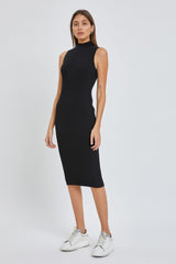 Black Ribbed Fitted Mock Neck Dress