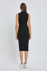 Black Ribbed Fitted Mock Neck Dress