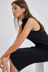 Black Ribbed Fitted Mock Neck Dress