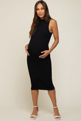 Black Ribbed Fitted Mock Neck Maternity Dress