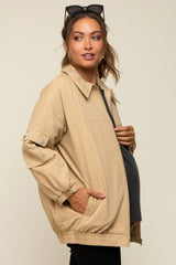 Camel Zip Up Bomber Maternity Jacket