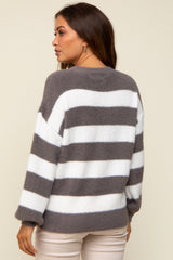 Grey Fuzzy Soft Striped Maternity Sweater