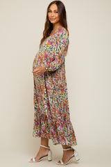 Multicolor Floral Watercolor Print Maternity Midi Dress