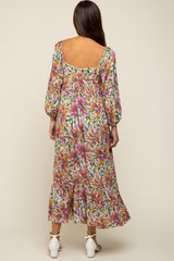 Multicolor Floral Watercolor Print Maternity Midi Dress