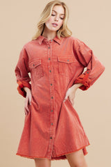 Rust Corduroy Button Front Fringe Hem Dress