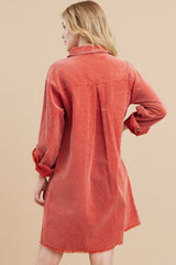 Rust Corduroy Button Front Fringe Hem Dress